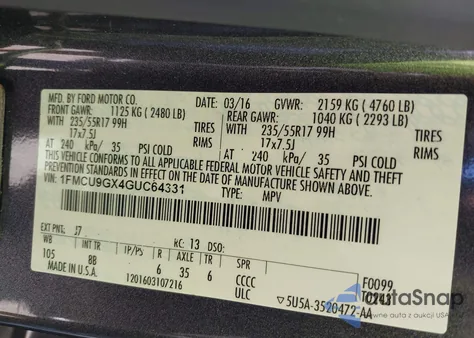 2016 Ford Escape Se из США, поврежденный, VIN 1FMCU9GX4GUC64331